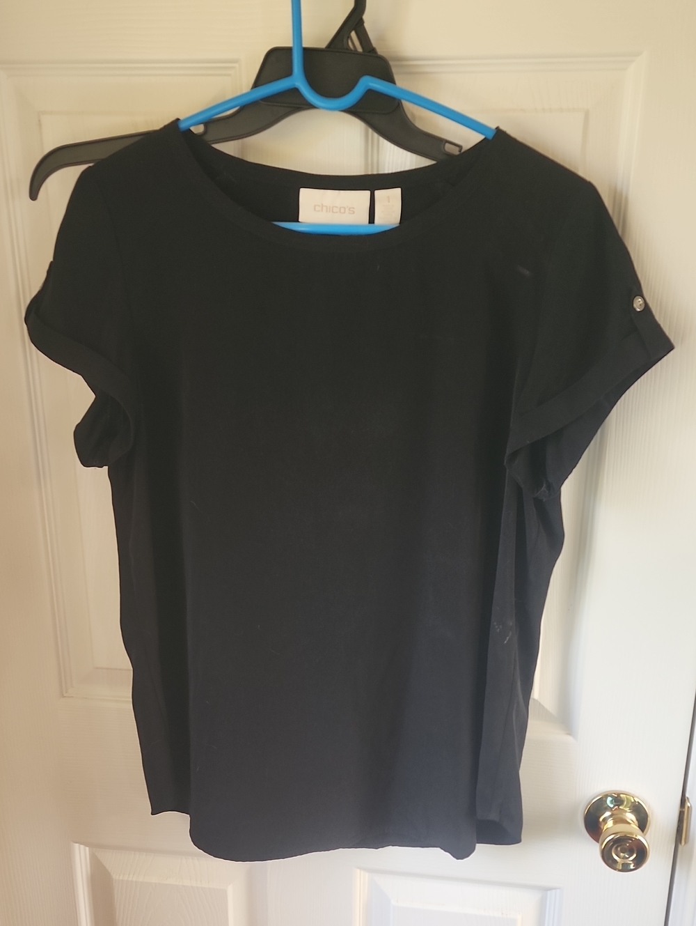 Chico's Black Short-Sleeve Crewneck Top with Roll-Cuff Detail